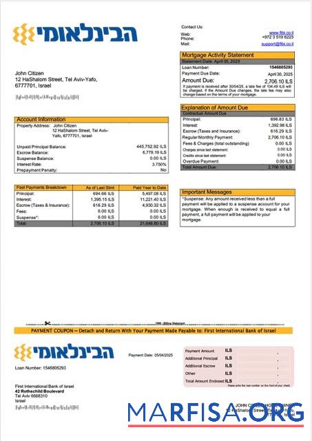 Blank Israel First International Bank of Israel mortgage statement Word and PDF template